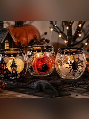 Set of Large Halloween Glass Votive Candle Holders Pumpkin Spider Haunted House